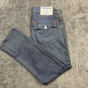 True Religion Men's Skinny Jeans Size 34 x 32 Dark Wash Denim Orange Stitch